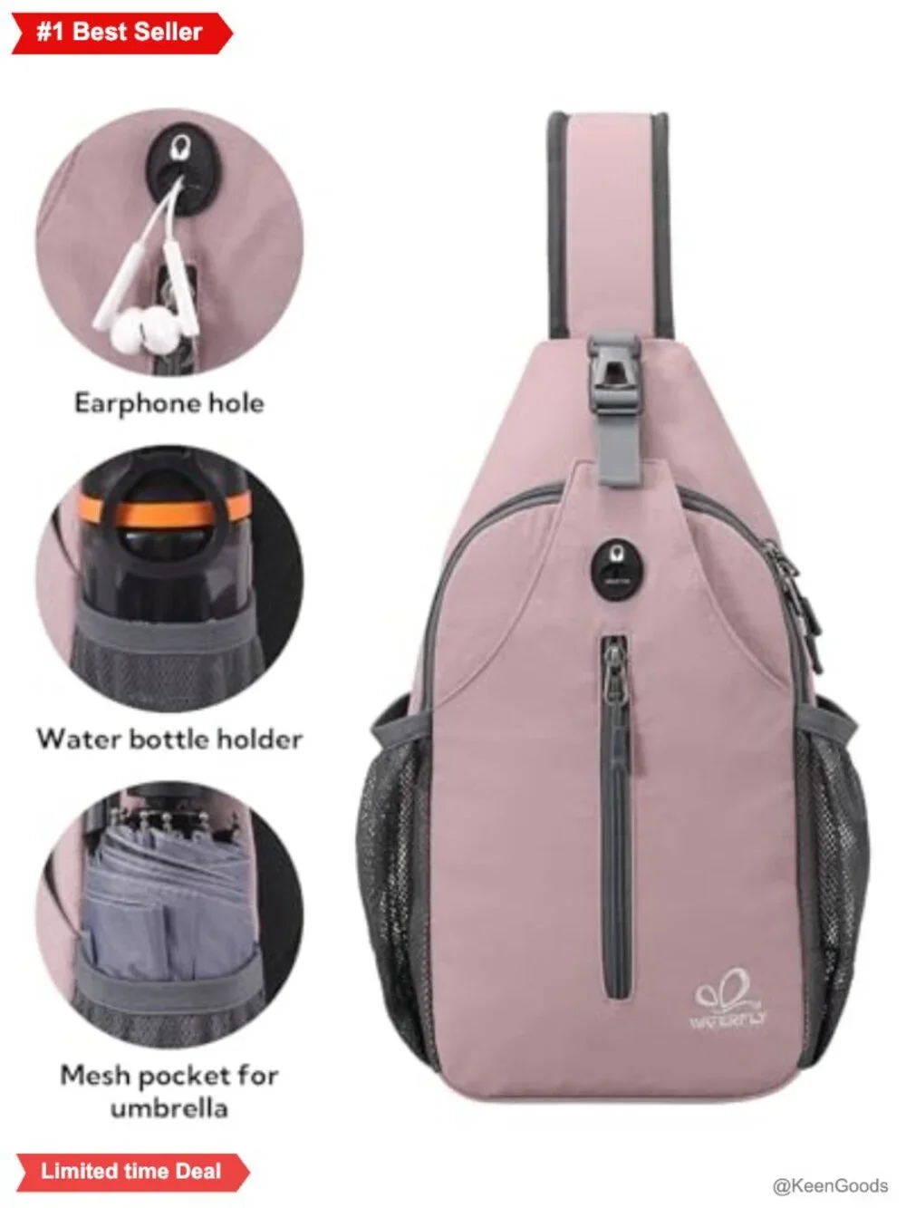 WATERFLY Crossbody Sling Backpack Nylon Hiking Travel Daypack